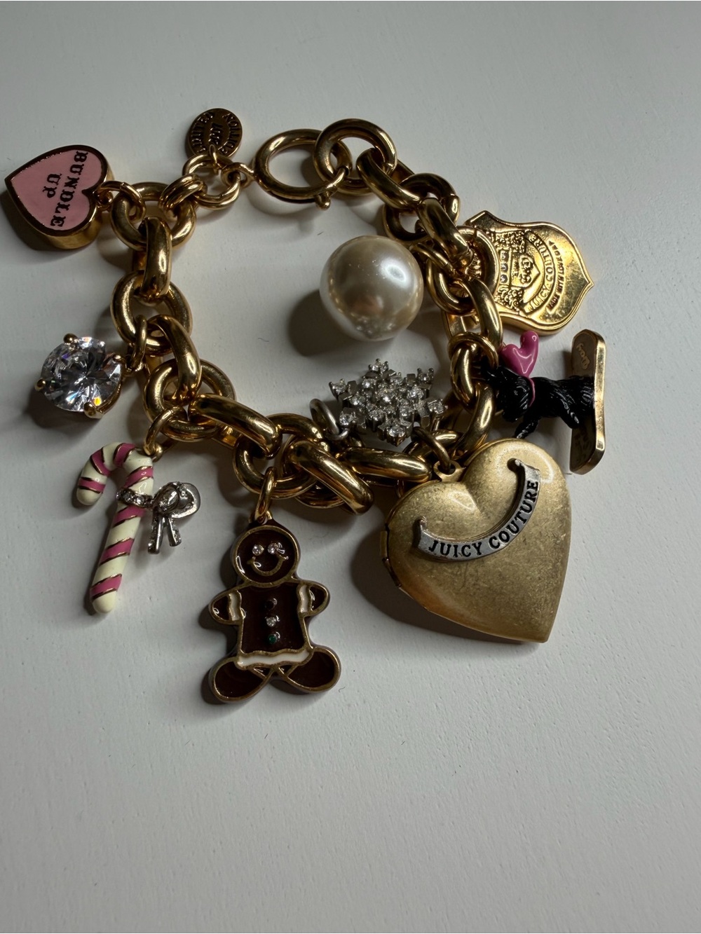 Juicy Couture Gold-tone Heart Locket Charm Bracelet with Pink & Pearl Accents